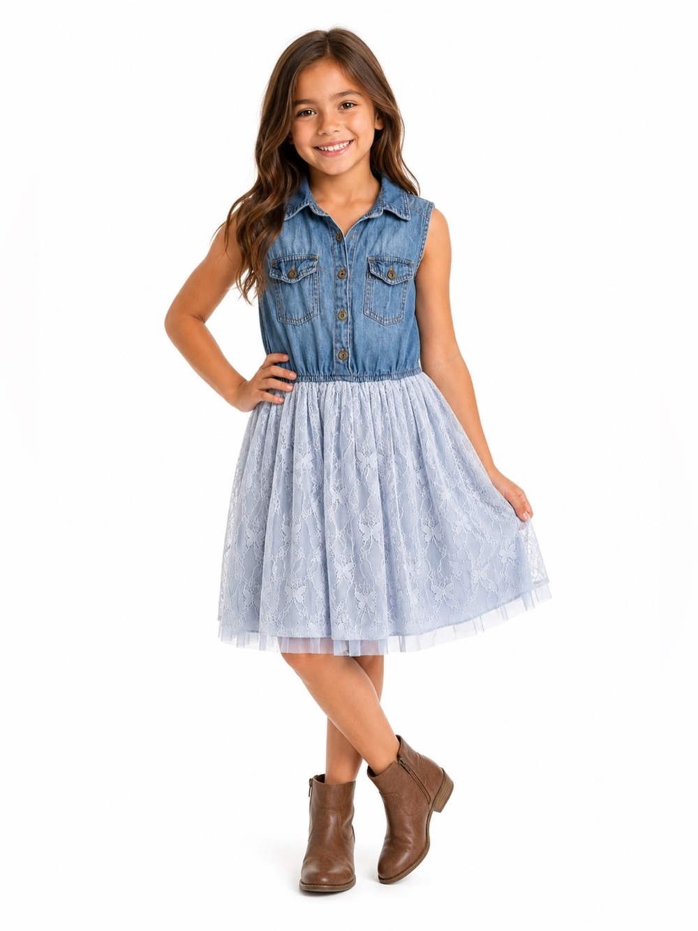 Knitworks Girls Sleeveless Chambray & Lace Dress | Size 8